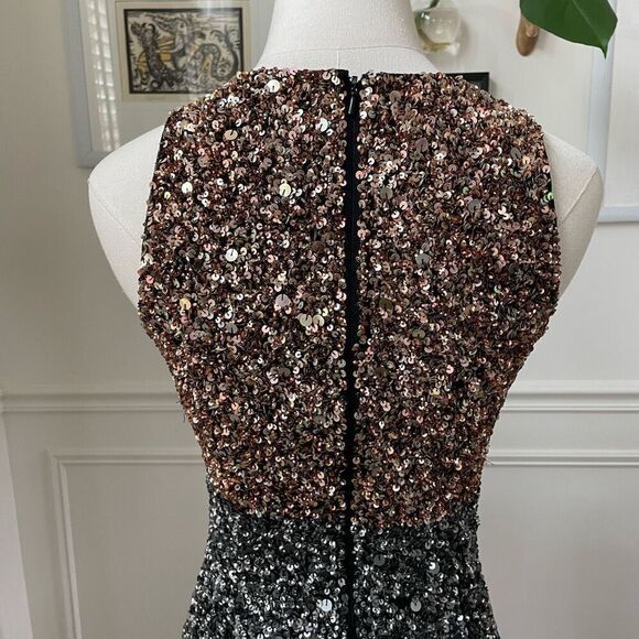 French Connection Sequin Cocktail Dress Metallic Colorblock Stripe Gold Silver 4 - Picture 4 of 10